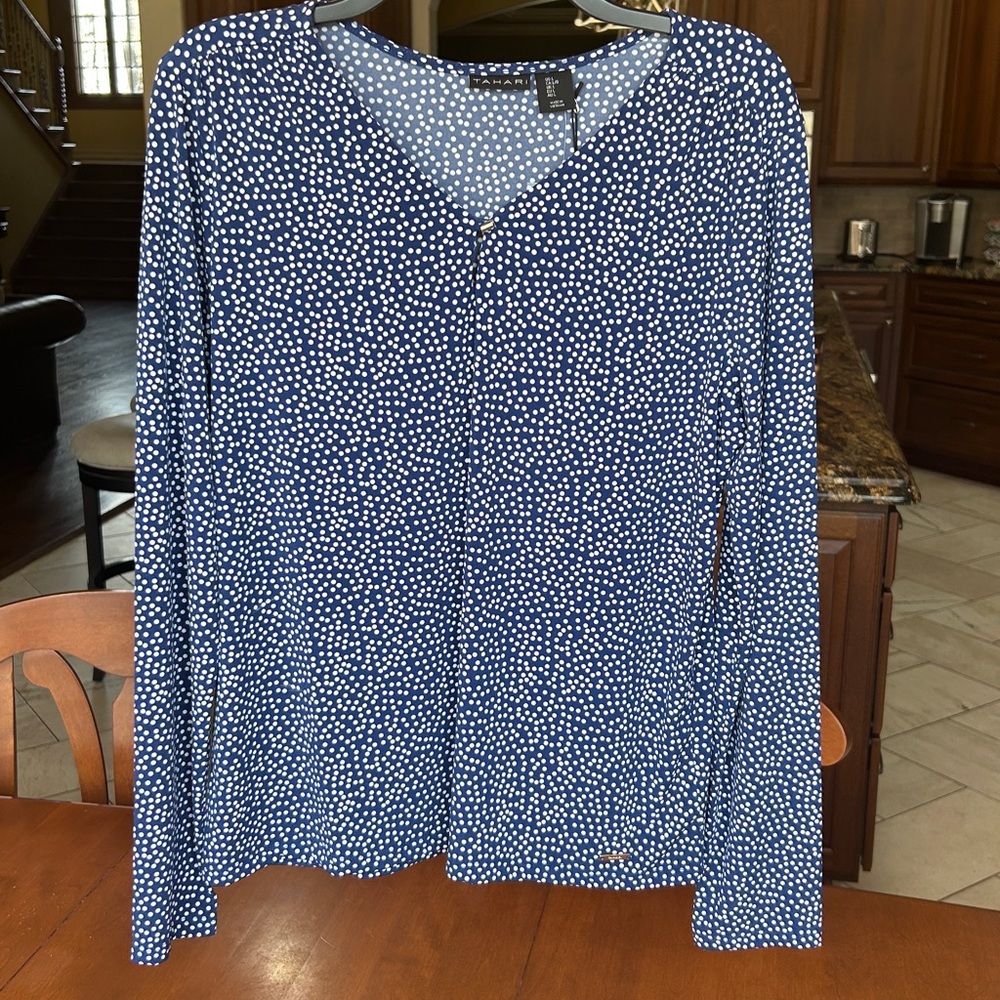 Tahari Royal Blue/white Polka Dot Blouse.Size Large